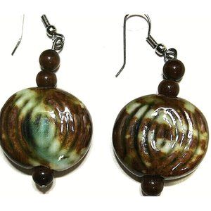 Brown & Green Stone Pottery Bead Earrings Artisan Shiny Round Swirl Boho Silver